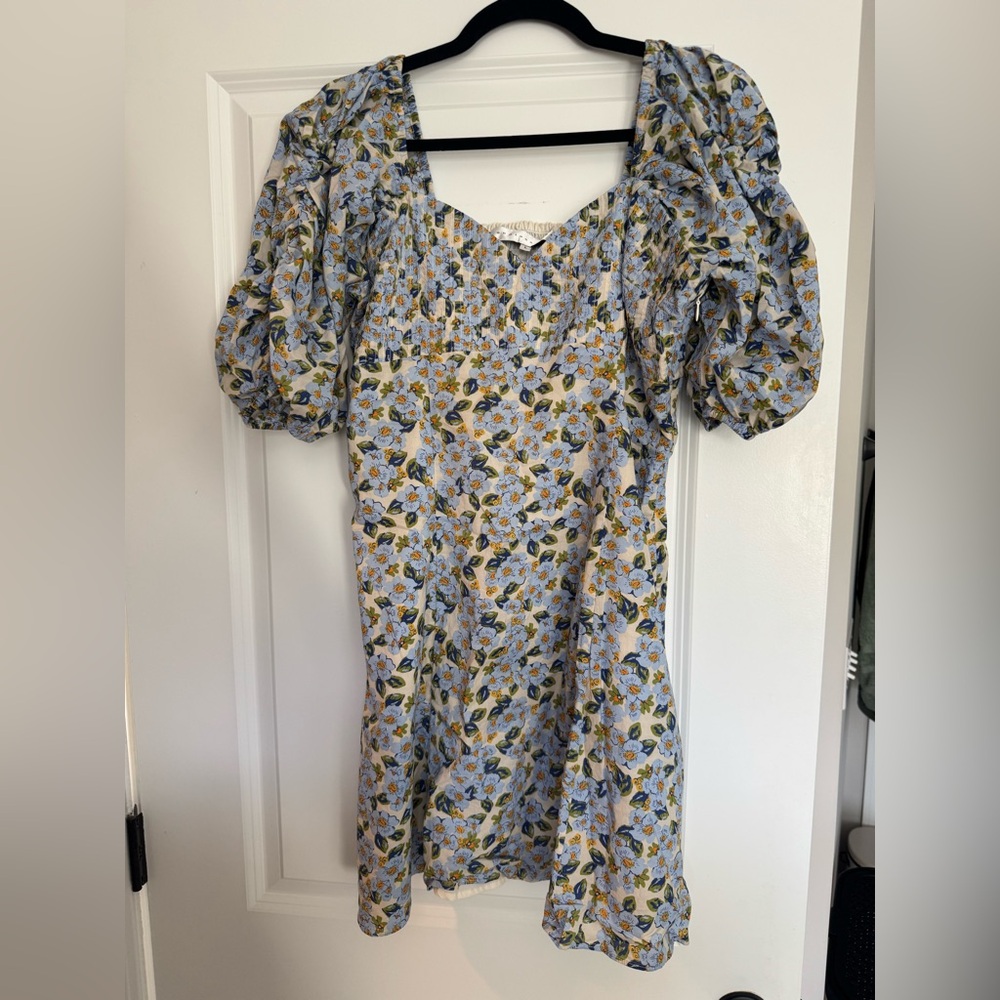 Endless Rose Blue and Tan Puff Sleeve Sundress with Sweetheart neck